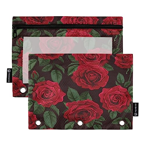 Mnsruu Federmäppchen mit 3 Ringen, rote Rose, Blumenmuster, mit Reißverschluss, transparentes Fenster, Schreibwaren-Tasche zur Aufbewahrung von Schul- und Bürobedarf, 2 Stück, mehrfarbig, von Mnsruu