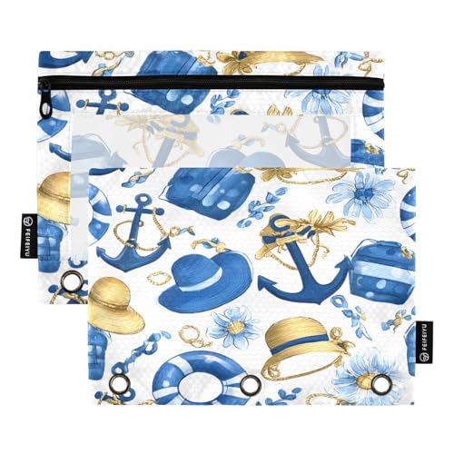 Mnsruu Federmäppchen mit Anker-Hut, Schwimmring-Muster, Federmäppchen für 3-Ringbücher mit Reißverschluss, 2 Stück, Federmäppchen mit transparentem Fenster, Kosmetiktasche für Büro, College, Zubehör von Mnsruu