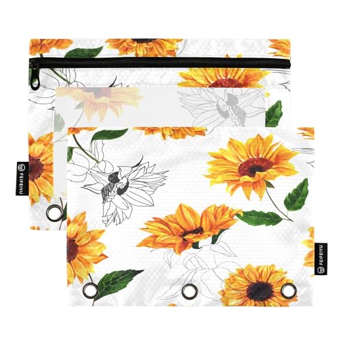 Mnsruu Federmäppchen mit Aquarell-Sonnenblumen-Motiv, für 3-Ringbücher mit Reißverschluss, 2 Stück, Federmäppchen mit transparentem Fenster, Kosmetiktasche für Büro, College, Mehrfarbig, Einheitsgröße von Mnsruu
