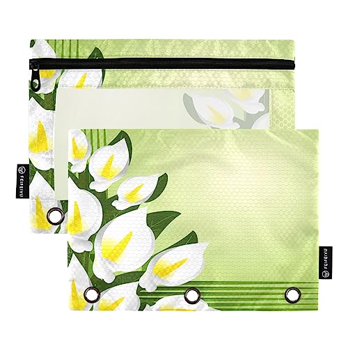 Mnsruu Federmäppchen mit Blumenrand und Calla-Lilien, 3 Ringbücher, mit Reißverschluss, transparentes Fenster, Schreibwarentasche zur Aufbewahrung von Schul- und Bürobedarf, 2 Stück, mehrfarbig, von Mnsruu