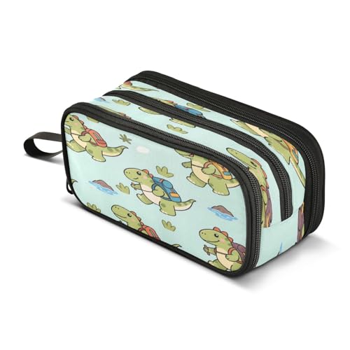 Mnsruu Federmäppchen mit Cartoon-Dinosaurier- und Grasmuster, 3 Fächer, Stifteetui, für Schule, tragbare Schreibwaren-Aufbewahrungstasche für Mädchen und Jungen, Cartoon-Dinosaurier und Grasmuster von Mnsruu