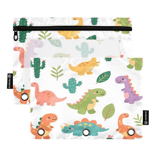 Mnsruu Federmäppchen mit Cartoon-Dinosaurier- und Kaktus-Muster, für 3-Ring-Ordner, 2 Stück Binder-Bleistifttasche mit Reißverschluss, transparentes Fenster, Reißverschluss, Federmäppchen für von Mnsruu