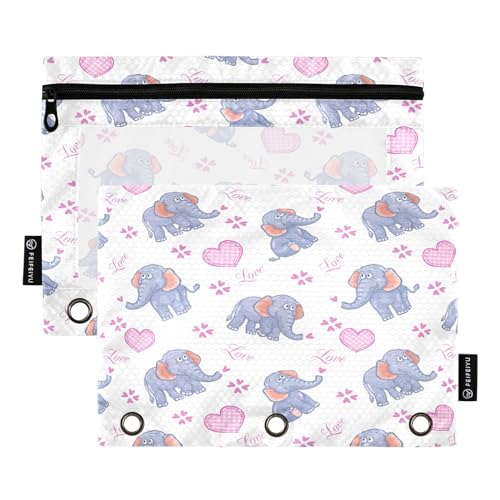 Mnsruu Federmäppchen mit Cartoon-Elefanten-Aufdruck, für 3-Ringbücher mit Reißverschluss, 2 Stück, Federmäppchen mit transparentem Fenster, Kosmetiktasche für Büro, College, Mehrfarbig, Einheitsgröße von Mnsruu