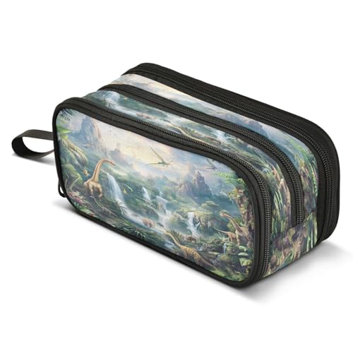 Mnsruu Federmäppchen mit Dinosaurier-Motiv, Waldgrün, großes Fassungsvermögen, Stiftetasche, 3 Fächer, große Stiftebox für Jungen und Mädchen, Schule, Aufbewahrungs-Organizer von Mnsruu