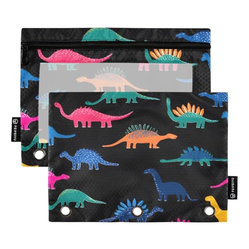 Mnsruu Federmäppchen mit Dinosaurier-Muster, für 3-Ringbücher mit Reißverschluss, 2 Stück, Federmäppchen mit transparentem Fenster, Kosmetiktasche für Büro, College, Mehrfarbig, Einheitsgröße von Mnsruu