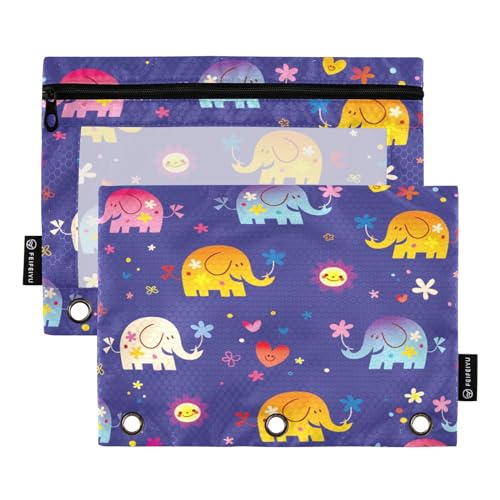 Mnsruu Federmäppchen mit Elefanten-Aufdruck, für 3-Ringbücher mit Reißverschluss, 2 Stück, Federmäppchen mit transparentem Fenster, Kosmetiktasche für Büro, College, Mehrfarbig, Einheitsgröße von Mnsruu