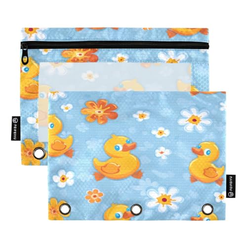 Mnsruu Federmäppchen mit Enten-Blumenmuster, für 3-Ringbücher mit Reißverschluss, 2 Stück, Federmäppchen mit transparentem Fenster, Kosmetiktasche für Büro, Uni, Büro, Mehrfarbig, Einheitsgröße von Mnsruu