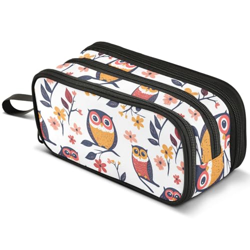 Mnsruu Federmäppchen mit Eulen, Vögel, Sterne, Mond, großes Fassungsvermögen, Stifteetui mit 3 Fächern, Stifthalter, Organizer, Schreibwaren-Tasche, B599, Kinderrucksack von Mnsruu