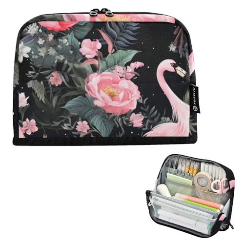 Mnsruu Federmäppchen mit Flamingo-Blumenmuster, großes Fassungsvermögen, Stifteetui für Jungen und Mädchen, mehrschichtiges Stifteetui, Stiftehalter, Schreibwaren-Organizer für Schule, Büro, Arbeit von Mnsruu