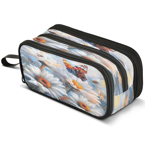 Mnsruu Federmäppchen mit Gänseblümchen, Schmetterlingen, großes Fassungsvermögen, Stifteetui mit 3 Fächern, Stifthalter, Organizer, Schreibwarentasche, B144, Kinderrucksack von Mnsruu