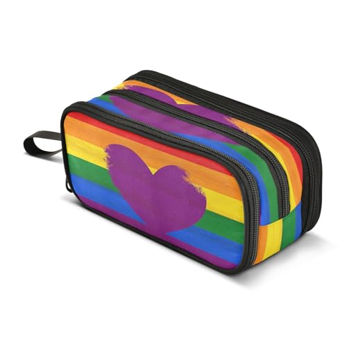 Mnsruu Federmäppchen mit Herzen, Regenbogenstreifen, großes Fassungsvermögen, 3 Fächer, Beutelhalter, Schulbedarf, Jungen und Mädchen, mehrfarbig, Einheitsgröße, Taschen-Organizer von Mnsruu