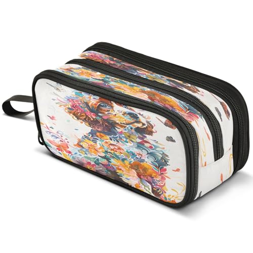 Mnsruu Federmäppchen mit Hirschblumen, großes Fassungsvermögen, Stifteetui mit 3 Fächern, Stifthalter, Organizer, Schreibwaren-Tasche, B037, Kinderrucksack von Mnsruu