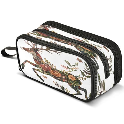 Mnsruu Federmäppchen mit Hirschblumen, großes Fassungsvermögen, Stifteetui mit 3 Fächern, Stifthalter, Organizer, Schreibwaren-Tasche, B047, Kinderrucksack von Mnsruu