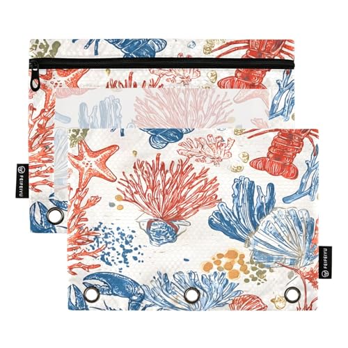 Mnsruu Federmäppchen mit Hummer-Schalentier-Motiv, Korallenmuster, für 3-Ringbücher mit Reißverschluss, 2 Stück, Federmäppchen mit transparentem Fenster, Kosmetiktasche für Büro, College, Zubehör von Mnsruu