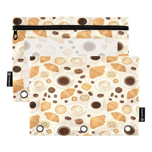 Mnsruu Federmäppchen mit Kaffeebohnen, Croissants-Muster, Federmäppchen für 3-Ringbuch, 2 Stück Binder-Bleistifttasche mit Reißverschluss, transparentes Fenster, Reißverschluss, Federmäppchen für von Mnsruu