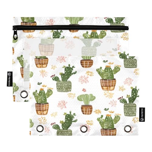 Mnsruu Federmäppchen mit Kaktus-Muster, für 3-Ringbücher mit Reißverschluss, 2 Stück, Federmäppchen mit transparentem Fenster, Kosmetiktasche für Büro, College, Mehrfarbig, Einheitsgröße von Mnsruu