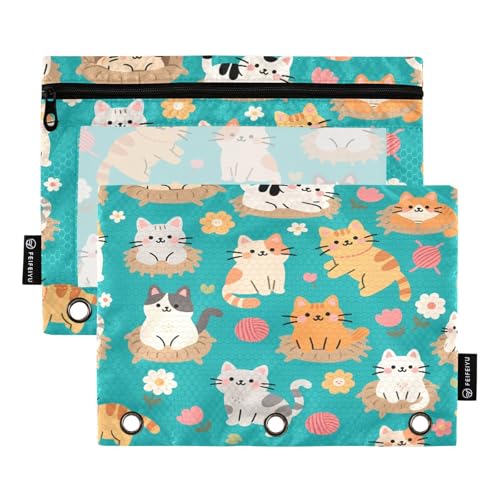 Mnsruu Federmäppchen mit Katzenmotiv, für 3-Ringbücher mit Reißverschluss, 2 Stück, Federmäppchen mit transparentem Fenster, Kosmetiktasche für Büro, College, Mehrfarbig, Einheitsgröße von Mnsruu