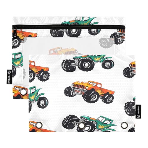Mnsruu Federmäppchen mit LKW-Muster, für 3-Ringbücher mit Reißverschluss, 2 Stück, Federmäppchen mit transparentem Fenster, Kosmetiktasche für Büro, College, Zubehör, Mehrfarbig, Einheitsgröße von Mnsruu