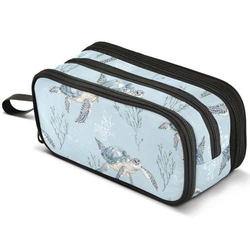 Mnsruu Federmäppchen mit Meeresschildkröten, Seesternen, weißes Muster, großes Fassungsvermögen, Stifteetui mit 3 Fächern, Stifthalter, Organizer, Schreibwarentasche, B637, Kinderrucksack von Mnsruu