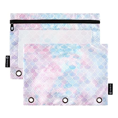 Mnsruu Federmäppchen mit Meerjungfrauen-Motiv, für 3-Ringbücher, wasserdicht, mit Sichtfenster, Reißverschluss, für Schule, Büro, 2 Stück, Pink / Blau, A174, 25x18cm, Pack-Organizer von Mnsruu