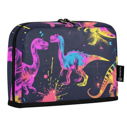 Mnsruu Federmäppchen mit Neon-Dinosaurier-Farbspritzern, Stehendes Federmäppchen, großes Fassungsvermögen, Stifte-Tasche für Jungen und Mädchen, mehrschichtige Stifteetui, Stifthalter von Mnsruu