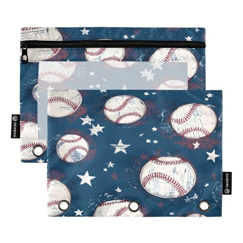 Mnsruu Federmäppchen mit Retro-Baseball-Muster, für 3-Ringbücher mit Reißverschluss, 2 Stück, Federmäppchen mit transparentem Fenster, Kosmetiktasche für Büro, College, Mehrfarbig, Einheitsgröße von Mnsruu