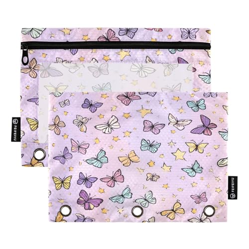 Mnsruu Federmäppchen mit Schmetterlingsmuster, für 3-Ringbücher mit Reißverschluss, 2 Stück, Federmäppchen mit transparentem Fenster, Kosmetiktasche für Büro, College, Mehrfarbig, Einheitsgröße von Mnsruu