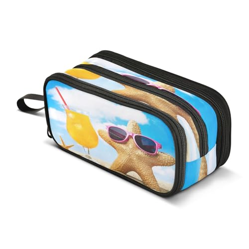 Mnsruu Federmäppchen mit Seestern mit Sonnenbrille, großes Fassungsvermögen, 3 Fächer, Beutelhalter, Schulbedarf, Jungen und Mädchen, mehrfarbig, Einheitsgröße, Taschen-Organizer von Mnsruu