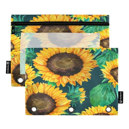 Mnsruu Federmäppchen mit Sonnenblumenblättern, für 3-Ringbücher mit Reißverschluss, 2 Stück, Federmäppchen mit transparentem Fenster, Kosmetiktasche für Büro, College, Mehrfarbig, Einheitsgröße von Mnsruu