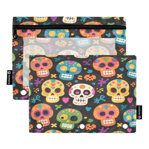 Mnsruu Federmäppchen mit Totenkopf-Motiv, für 3-Ringbücher mit Reißverschluss, 2 Stück, Federmäppchen mit transparentem Fenster, Kosmetiktasche für Büro, Uni, Büro, Mehrfarbig, Einheitsgröße von Mnsruu