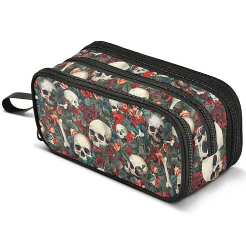 Mnsruu Federmäppchen mit Totenkopf-Motiv und roten Rosen, großes Fassungsvermögen, Federmäppchen mit 3 Fächern, Stifthalter, Organizer, Schreibwaren-Tasche, B418, Kinderrucksack von Mnsruu
