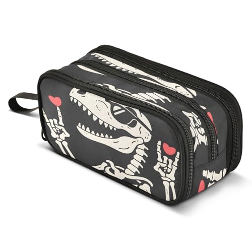 Mnsruu Federmäppchen mit Totenkopf-Skelett-Dinosaurier-Motiv, großes Fassungsvermögen, Stiftetasche, 3 Fächer, große Stiftebox für Jungen und Mädchen, Schule, Aufbewahrungs-Organizer von Mnsruu