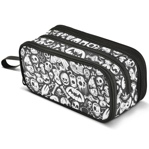 Mnsruu Federmäppchen mit Totenkopf-Zauberer-Muster, großes Fassungsvermögen, Stifteetui mit 3 Fächern, Stifthalter, Organizer, Schreibwaren-Tasche, B256, Kinderrucksack von Mnsruu