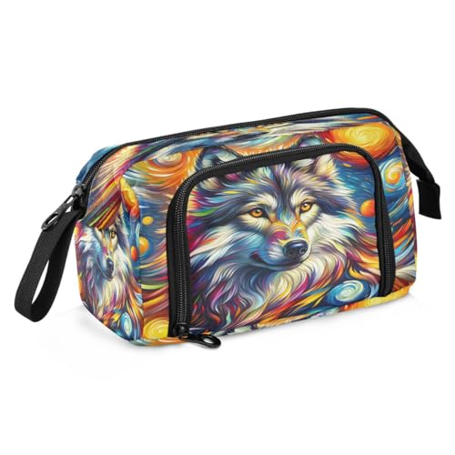 Mnsruu Federmäppchen mit Wolfs-Van-Gogh-Wasserfarben-Ölgemälde, großes Fassungsvermögen, Stifteetui, Schreibwaren, Federmäppchen, Handtasche für Studenten, Teenager, Schule, Büro, Mehrfarbig von Mnsruu