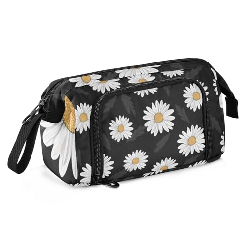 Mnsruu Federmäppchen mit großem Fassungsvermögen, Gänseblümchen, schwarz, Stiftebeutel, Schreibwaren-Tasche, Schule, Uni, Büro, Organizer für Teenager, Erwachsene, Studenten, Schwarz mit von Mnsruu