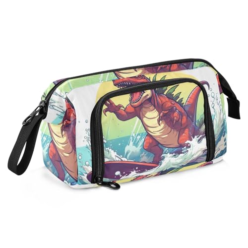 Mnsruu Federmäppchen mit großem Fassungsvermögen, Motiv: Surfen, Dinosaurier, Stiftebeutel, Schreibwaren-Tasche, Schule, Uni, Büro, Organizer für Teenager, Erwachsene, Studenten, Surf-Dinosaurier, von Mnsruu