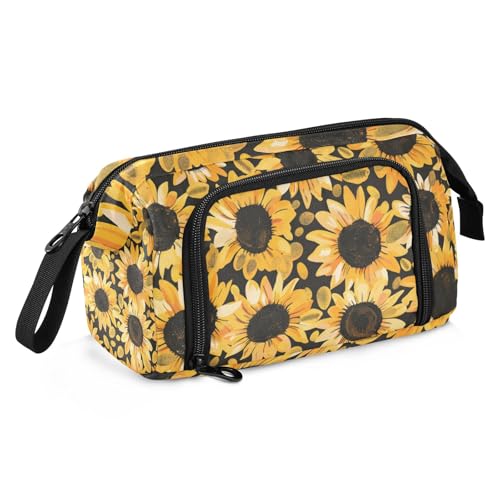 Mnsruu Federmäppchen mit großem Fassungsvermögen, Sonnenblumen, schwarz, Stiftebeutel, Schreibwaren-Tasche, Schule, Uni, Büro, Organizer für Teenager, Erwachsene, Studenten, Sonnenblumen Schwarz, von Mnsruu