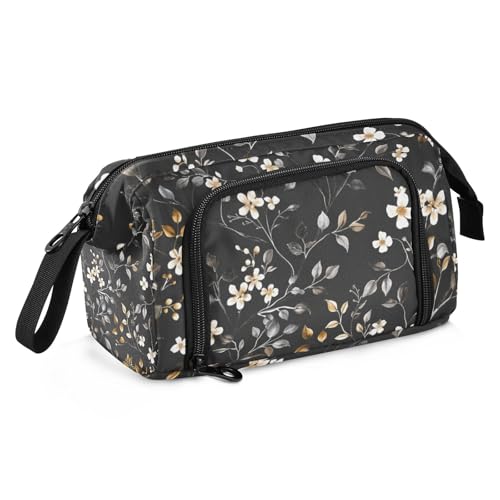 Mnsruu Federmäppchen mit großem Fassungsvermögen, Wildblumen-Motiv, schwarz, Stifteetui, Schreibwaren-Tasche, Schule, Uni, Büro, Organizer für Teenager, Erwachsene, Studenten, Wildblumen-Schwarz, von Mnsruu