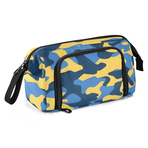 Mnsruu Federmäppchen mit großem Fassungsvermögen, blaues und gelbes Camouflage-Muster, Stiftebeutel, Schreibwaren-Tasche, Schule, Uni, Büro, Organizer für Teenager, Erwachsene, Studenten, Blaues und von Mnsruu