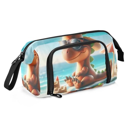 Mnsruu Federmäppchen mit großem Fassungsvermögen, ein niedlicher Dinosaurier-Urlaub am Strand, Stiftetasche, Schreibwaren-Tasche, Schule, Uni, Büro, Organizer für Teenager, Erwachsene, Studenten, Ein von Mnsruu