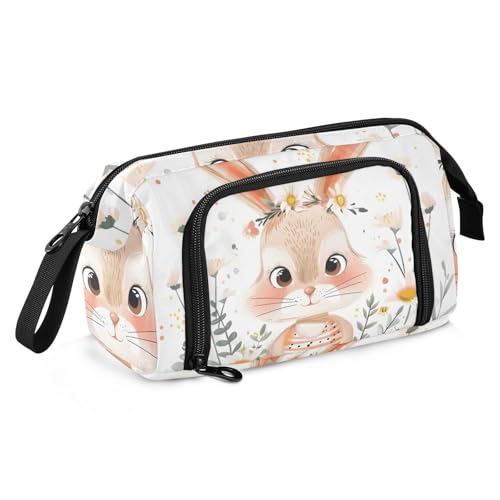 Mnsruu Federmäppchen mit großem Fassungsvermögen, handgezeichnetes kleines Häschen, Gänseblümchen, Stifteetui, Schreibwaren-Tasche, Schule, Uni, Büro, Organizer für Teenager, Erwachsene, Studenten, von Mnsruu