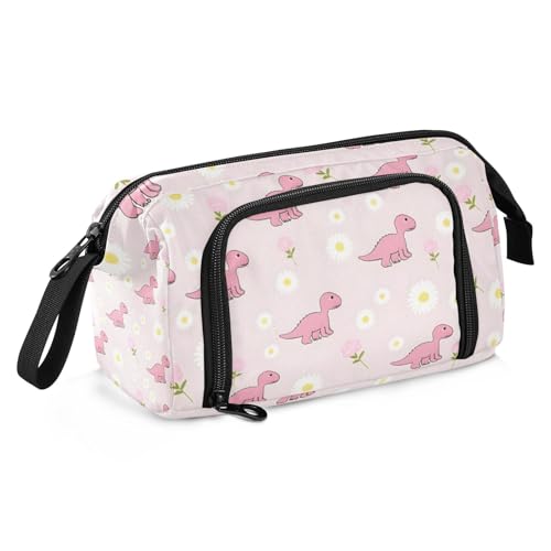 Mnsruu Federmäppchen mit großem Fassungsvermögen, rosa niedlicher kleiner Dinosaurier, kleine Gänseblümchen, Stiftebeutel, Schreibwaren-Tasche, Schule, Uni, Büro, Organizer für Teenager, Erwachsene, von Mnsruu