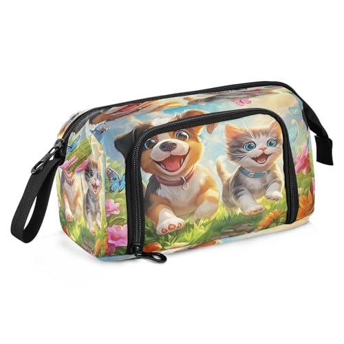 Mnsruu Federmäppchen mit laufendem Hund und Katze, großes Fassungsvermögen, Federmäppchen, Federmäppchen, Schreibwaren, Büro, Organizer-Tasche für Jungen und Mädchen von Mnsruu