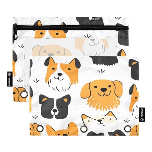 Mnsruu Federmäppchen mit niedlichem Cartoon-Hundemuster, für 3-Ringbücher mit Reißverschluss, 2 Stück, Federmäppchen mit transparentem Fenster, Kosmetiktasche für Büro, College, Mehrfarbig von Mnsruu