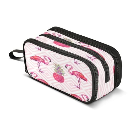 Mnsruu Federmäppchen mit niedlichem Flamingo, 3 Fächer, Stifteetui, für Schule, tragbare Schreibwaren, Aufbewahrungstasche für Mädchen und Jungen, Rosa, Pinker süßer Flamingo, Einheitsgröße von Mnsruu