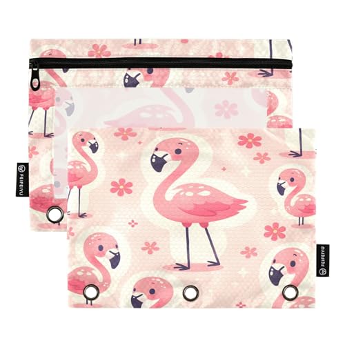 Mnsruu Federmäppchen mit niedlichem Flamingo-Muster, nahtloses Overlay-Bild für 3-Ringbuch, 2 Stück Binder-Federmäppchen mit Reißverschluss, transparentes Fenster, Reißverschluss, Federmäppchen für von Mnsruu