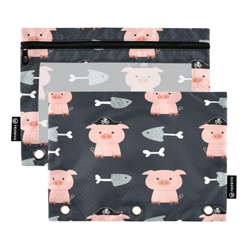 Mnsruu Federmäppchen mit niedlichem Schweinemuster, für 3-Ringbücher mit Reißverschluss, 2 Stück, Federmäppchen mit transparentem Fenster, Kosmetiktasche für Büro, College, Mehrfarbig, Einheitsgröße von Mnsruu