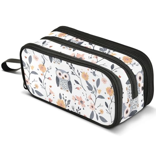 Mnsruu Federmäppchen mit niedlichen Eulen, Blumen, weiß, handgezeichnet, großes Fassungsvermögen, Stifteetui mit 3 Fächern, Stifthalter, Organizer, Schreibwaren-Tasche, B527, Kinderrucksack von Mnsruu