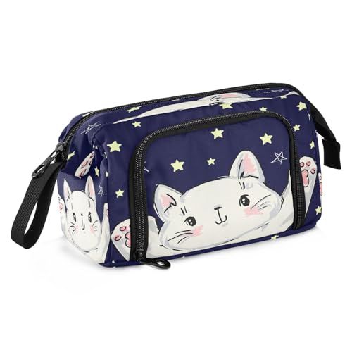 Mnsruu Federmäppchen mit niedlicher weißer Katze mit Sternen, blaues Federmäppchen, großes Fassungsvermögen, Federmäppchen, Schreibwaren-Tasche für Büro, Schule, mehrfarbig, Schulranzen von Mnsruu