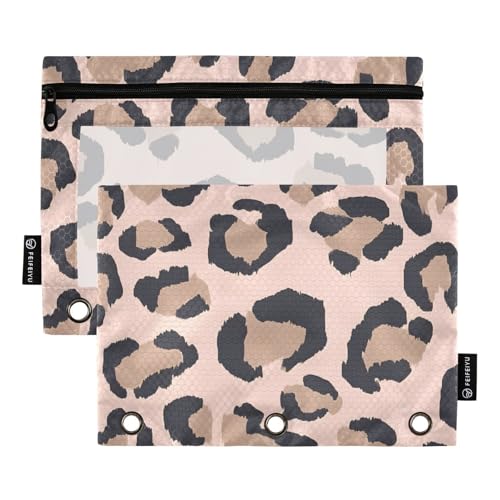Mnsruu Federmäppchen mit pinkem Hintergrund mit braunem Leopardenmuster, für 3-Ringbücher mit Reißverschluss, 2 Stück, Federmäppchen mit transparentem Fenster, Kosmetiktasche für Büro, Uni, Büro von Mnsruu
